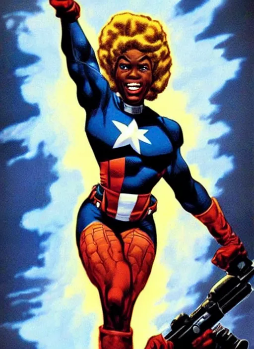 Prompt: beautiful black female captain america. afro - feminist captain america wins wwii. american wwii propaganda poster by james gurney, rob liefeld and pixar. gorgeous face. overwatch, realistic. black power