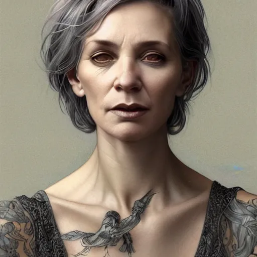 Image similar to portrait of a middle aged artsy woman, short grey hair, tattoo, avangarde, unique, artistic soul, nature, plants, wool, upper body, long hair, intricate, elegant, highly detailed, digital painting, artstation, concept art, matte, sharp focus, illustration, art by artgerm and greg rutkowski and alphonse mucha