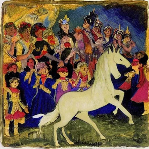 Image similar to by valentin serov atmospheric. a collage of a pantomime unicorn onstage, surrounded by a group of children who are clapping & cheering. the unicorn is wearing a sparkly costume & has a long, flowing mane. its horn is glittering & its eyes are wide open.