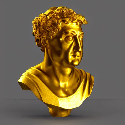 Image similar to a realistic render of a distorted golden Roman bust, high contrast lighting, 4k, concept art