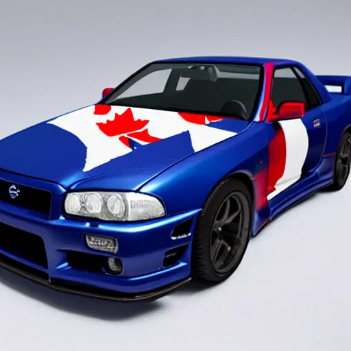 Image similar to nissan skyline r34 with canadian flag paintwork, photography, realistic, detailed