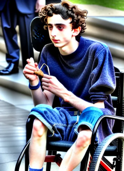 Image similar to timothee chalamet smoking a blunt sitting in a wheel chair, photo, realistic