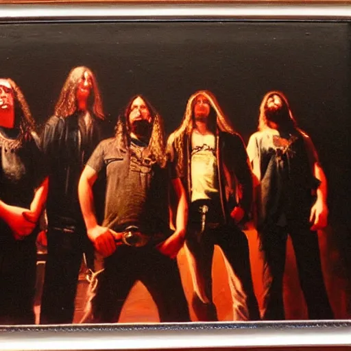 Image similar to greg manchess painting of an metal band photo, direct flash photography at night, film grain