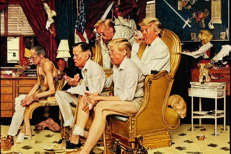 Image similar to Norman Rockwell painting of Donald Trump seated on a golden toilet in a tacky gold bathroom. He is in the center of the image, and he is sobbing and crying.