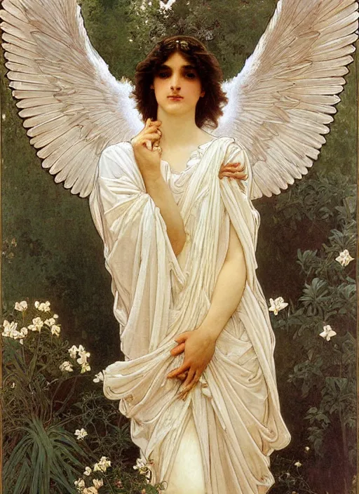 Image similar to painting of a beautifully robed angel with huge white feather wings, intricate, elegant, hyperdetailed, by alphonse mucha and william - adolphe bouguereau and john william waterhouse