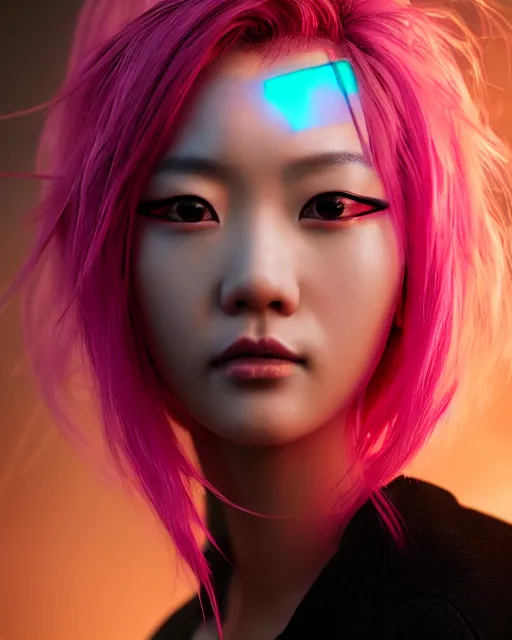 Image similar to portrait of a beautiful asian woman with pink hair as a cyberpunk cyborg half robot, sci - fi, missing panels, intricate abstract upper body intricate artwork, concept art, octane render, deviantart, cinematic, key art, hyperrealism, iridescent accents, portrait photograph, nikon 3 5 mm, photograph by greg rutkowski