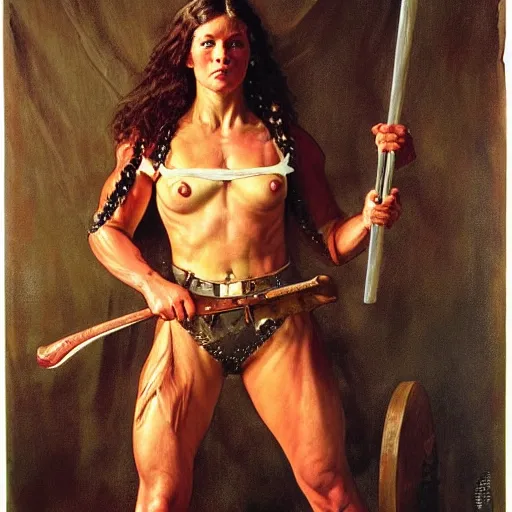 Image similar to portrait of a beautiful savage muscular barbarian female with light leather armor, by norman rockwell