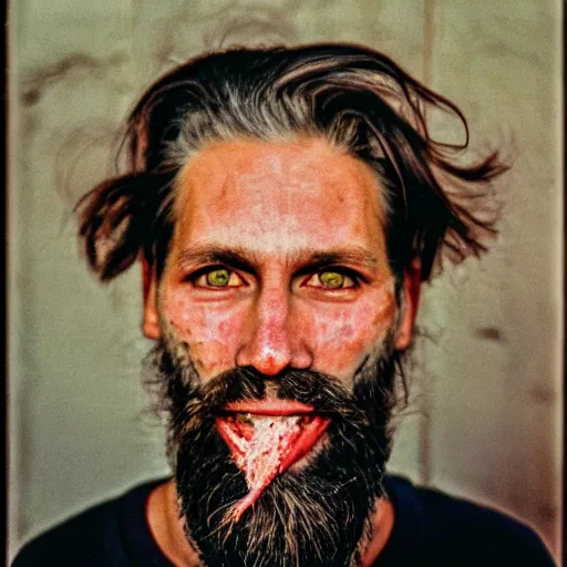 Image similar to far view, extremely skinny malnourished kremlin dictator with long beard, wearing dirty overalls, dirty greasy face, grin, portrait, close up, kodak gold 2 0 0, 5 0 mm,