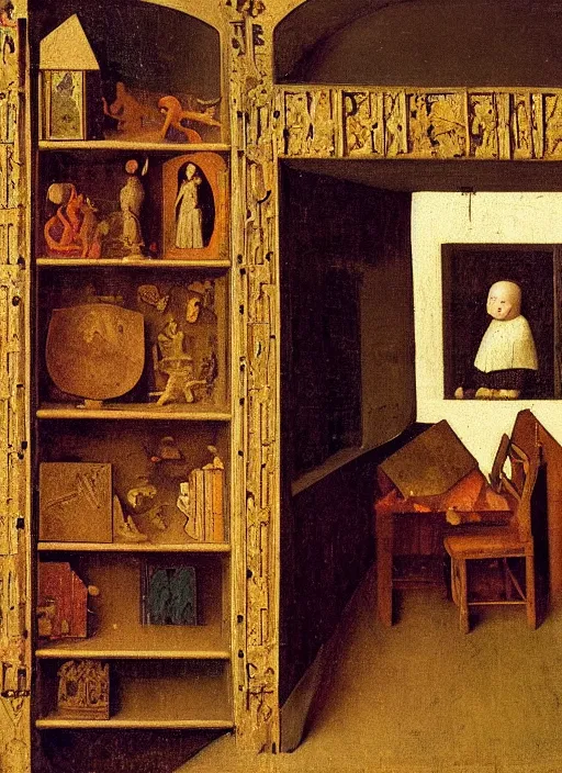 Prompt: bookshelf with children toys, medieval painting by jan van eyck, johannes vermeer, florence