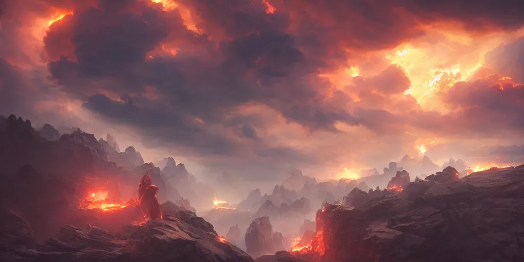 Image similar to Fire clouds, cinematic shot, epic, volumetric lighting, made by Stanley Artgerm Lau, WLOP, Rossdraws, ArtStation, CGSociety, concept art, cgsociety, octane render, trending on artstation, artstationHD, artstationHQ, unreal engine, 4k, 8k,