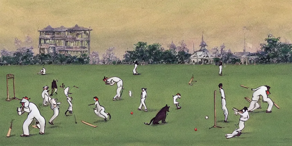 Image similar to cats playing cricket in a cricket ground, art by Hayao Miyazaki