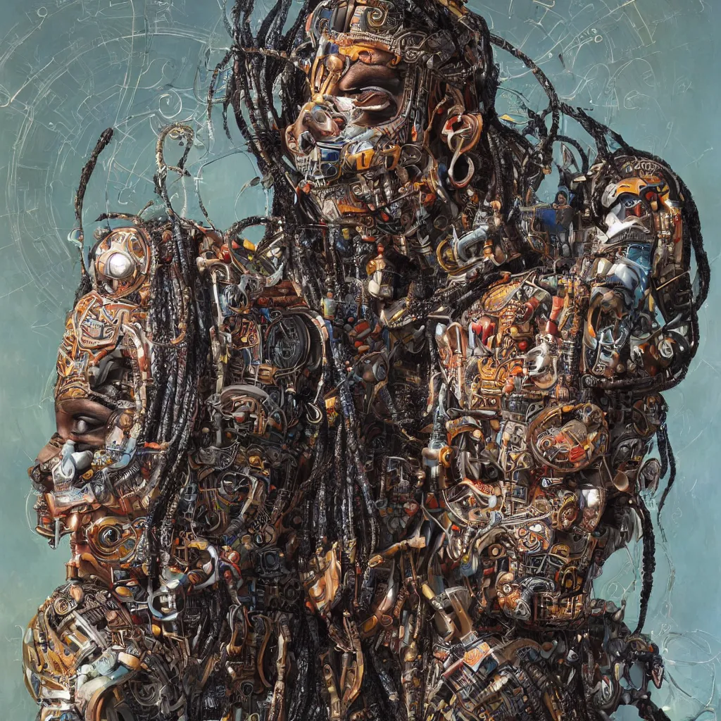 Prompt: a realistic portrait of an intricately detailed cyborg with african mask, lots of thick long braids and electrical cables, colorful - patterns, cyber - punk background, professional studio lighting with subtle shadows, hyper realism, art by tim okamura and karol bak, blender cycles render, 8 k