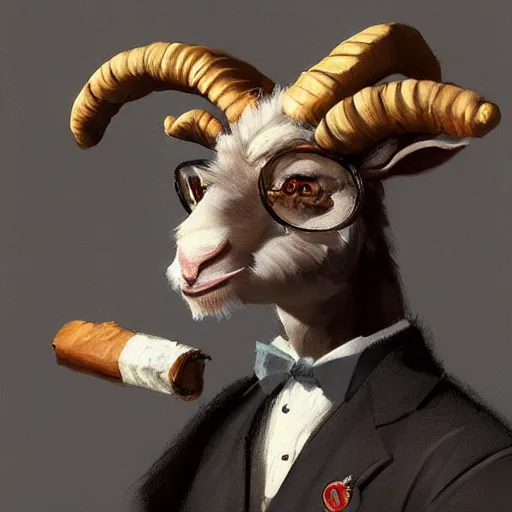 Prompt: award winning character art commission of an anthro furry humanoid goat smoking a cigar, three piece suit, character concept design, painting, detailed, vivid, trending on artstation, art by greg rutkowski