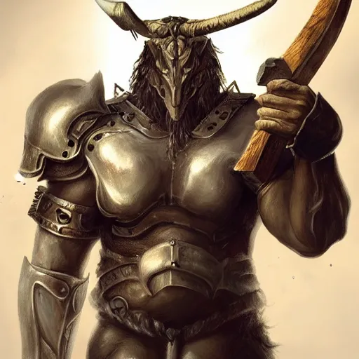 Image similar to Giant minotaur humanoid beast warrior with two handed axe, concept art, heavy white and golden armor, giant horns, portrait, dungeons and dragons, hyperrealism, high details, digital painting, dark fantasy