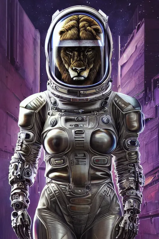 Image similar to a portrait of a muscular anthropomorphic cyberpunk lioness in spacesuit armor with ensignia on chest plate by sandra chevrier, by jon foster, detailed render, post - processing, extremely hyperdetailed, intricate, epic composition, cybernetics, 4 k realistic, cryengine, realistic shaded lighting, sharp focus, masterpiece, by enki bilal