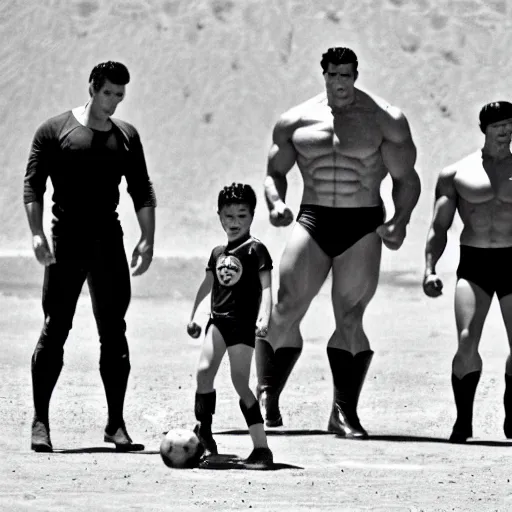 Image similar to supermen and hulk playing soccer at desert, a crowd watching they play