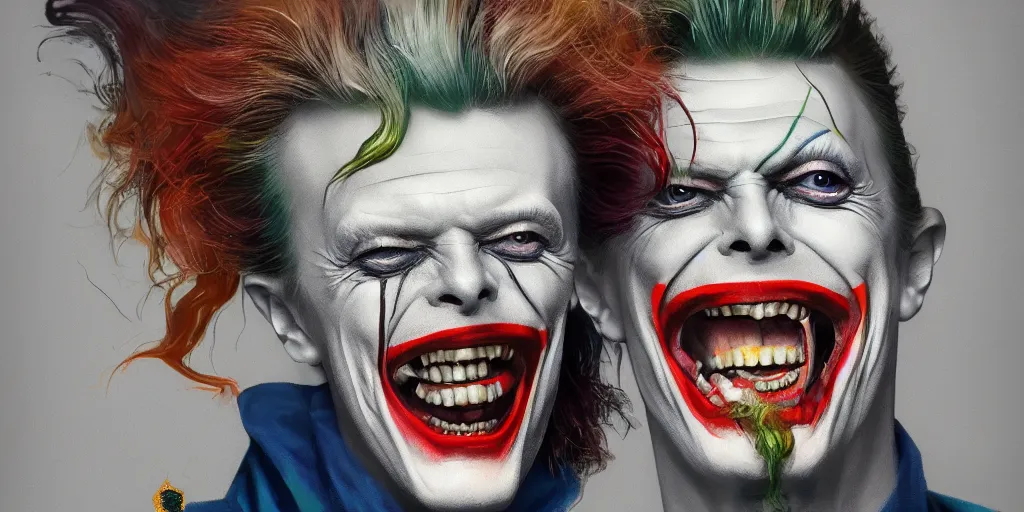 Prompt: David bowie as the joker laughing at you, Darek Zabrocki, Karlkka, Jayison Devadas, Phuoc Quan, trending on Artstation, 8K, ultra wide angle, pincushion lens effect.