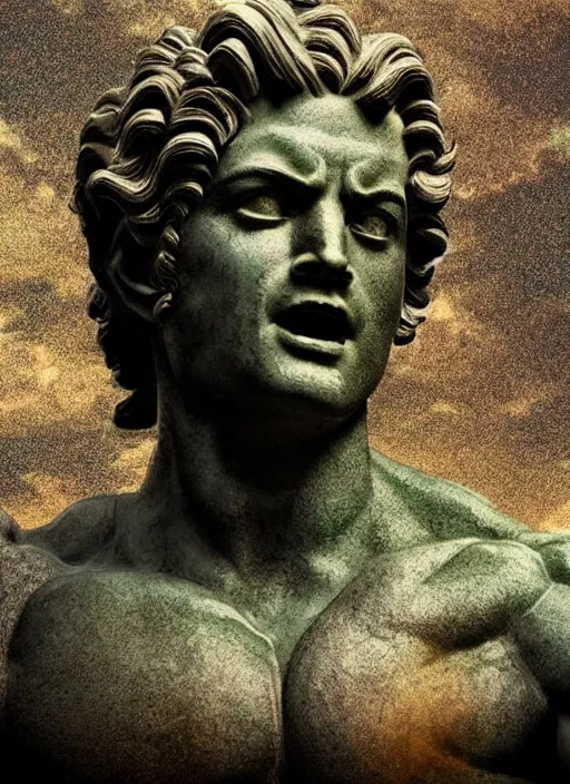 Image similar to statue of victorious hercules, beeple, vaporwave, retrowave, tonal separation, black background, glitch, pixel sorting, strong contrast, pinterest, trending on artstation