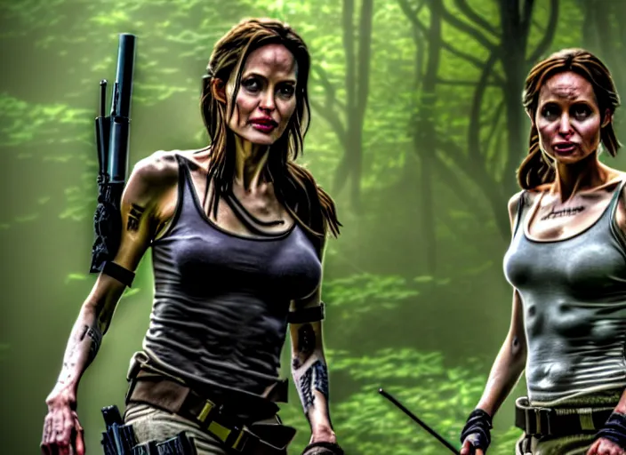 Image similar to film still of!!!! angelina jolie!!! as lara croft in new tomb raider movie, 8 k