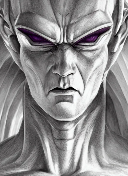 Image similar to realistic portrait pencil sketch of frieza, old mystic ruins, afternoon, intricate, elegant, highly detailed, digital painting, sharp, focus, by artgerm and greg rutkowski