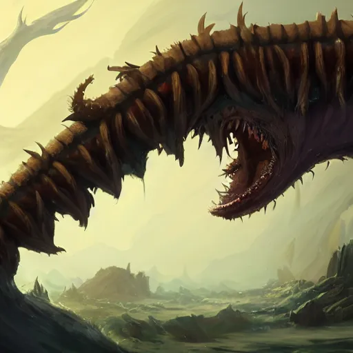 Image similar to a giant worm beast, worm monster, worm mouth, worm round mouth, monster teeth mouth, rock and dust, worm brown theme, bright art masterpiece artstation. 8 k, sharp high quality artwork in style of jose daniel cabrera pena and greg rutkowski, concept art by tooth wu, blizzard warcraft artwork, hearthstone card game artwork, drilling worm monster