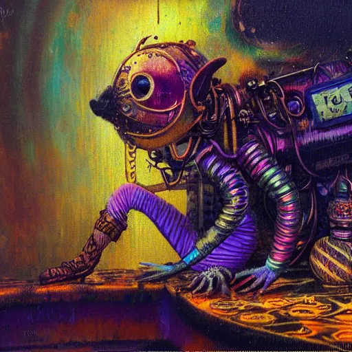 Image similar to steampunk rat, acid, 303, psychedelic, by paul lehr