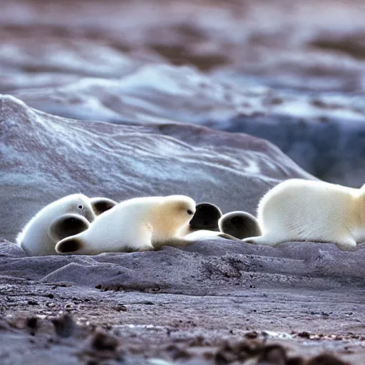 Prompt: a cave painting of three baby harp seals playing, National Geographic photo