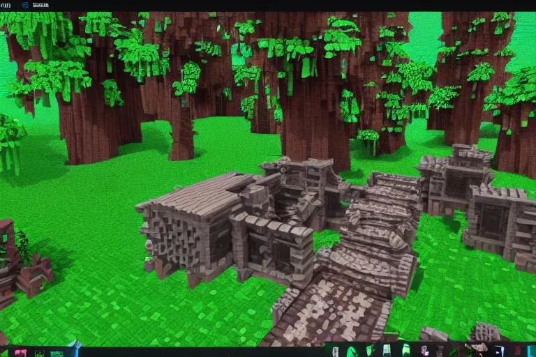 Image similar to screenshot of a 3d voxel art fps game with fantasy style woodland mansion with cogwheeled mechanic doors in an ancient forest