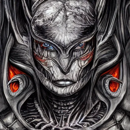 Image similar to Giger portrait of queen dragon, Dragon in dragon lair, HD, full body dragon concept, soft shading, hyperdetailed, wide angle lens, fantasy, futuristic horror, style of giger