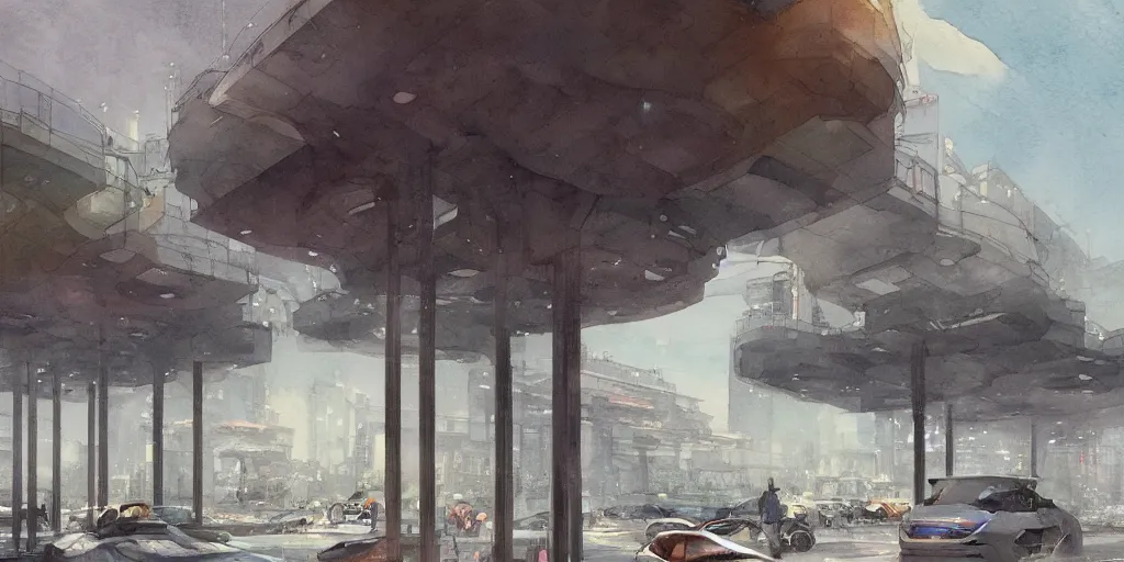 Image similar to a beautiful insanely intricate watercolor illustration of modern parking station, reflexions, colorfull, by william turner art, by greg rutkowski, by james jean, by rossdraws, by frank franzzeta, by sakimichan, by edmund dulac, trending on artstation, insanely detailed, masterpiece,