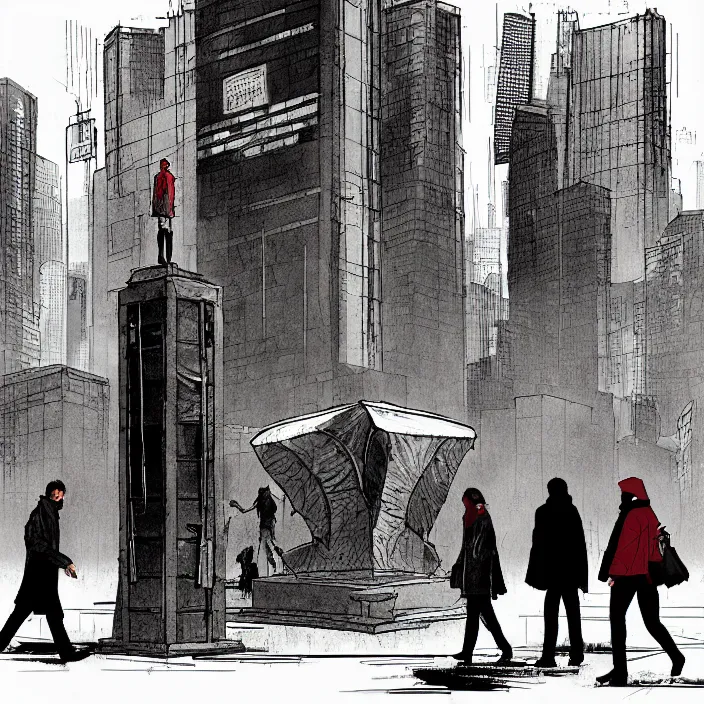 Image similar to sales stall selling umbrellas, in a square, pedestrians walk past. background of old soviet monument. storyboard, scifi cyberpunk. by gabriel hardman, joe alves, chris bonura. cinematic atmosphere, detailed and intricate, perfect anatomy