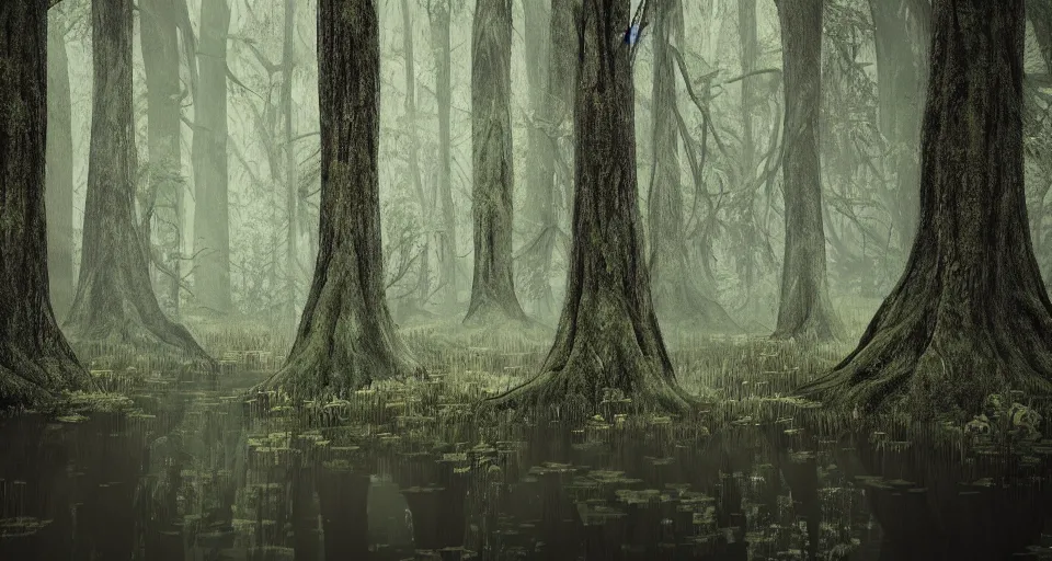 Image similar to A dense and dark enchanted forest with a swamp, with Octane