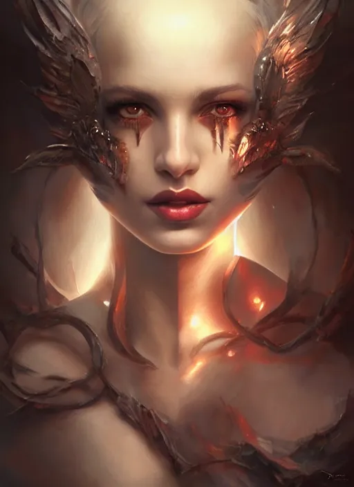 Prompt: a beautiful woman with face spikes, painted by artgerm and tom bagshaw, fantasy art, dramatic lighting, highly detailed oil painting