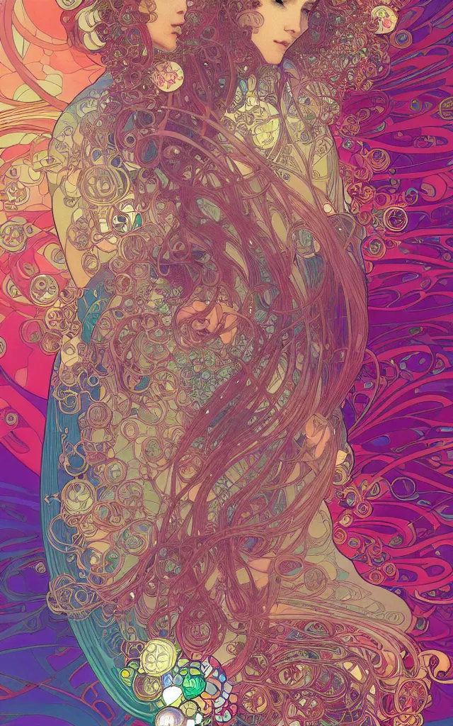 Prompt: wave, particle, synth, frequencies, pattern, oscillation. wave-particle duality. colorful, vibrant. fractal gems, fractal crystals, stunning, cinematic, amazing details, by alphonse mucha, by jean giraud and by james jean, by ross tran. artstation