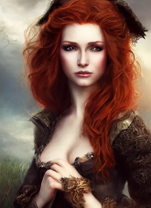 Image similar to a beautiful woman pirate clothes, 8 k, sensual, hyperrealistic, hyperdetailed, beautiful face, long ginger hair windy, dark fantasy, fantasy portrait by laura sava