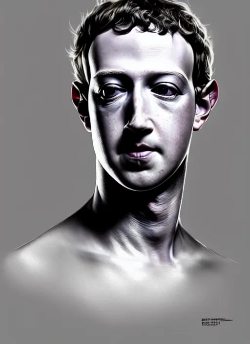 Image similar to mark zuckerberg as male android!!!, pale, lifeless, dead eyes, portrait, intricate, elegant, highly detailed, digital painting, artstation, concept art, wallpaper, smooth, sharp focus, illustration, art by h. r. giger and artgerm and greg rutkowski and alphonse mucha