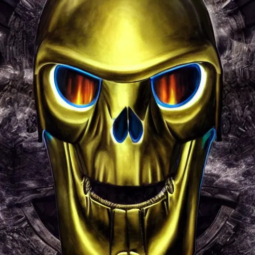 Image similar to high fantasy 1 9 8 0's wargame airbrushed artwork - inspired photo, a giant silver reflective chrome android wearing a mask shaped like an intricately carved beautiful human skull with glowing laser eyes, golden giant battle armor, inside a futuristic army base