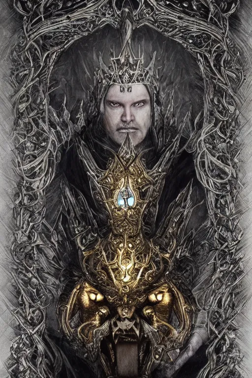 Prompt: portrait of Morgoth Bauglir with three shining Silmarils in his iron crown, holding his ornate warhammer Grond shaped like a wolf head, in style of Doom, in style of Midjourney, insanely detailed and intricate, golden ratio, elegant, ornate, unfathomable horror, elite, ominous, haunting, matte painting, cinematic, cgsociety, James jean, Noah Bradley, Darius Zawadzki, vivid and vibrant