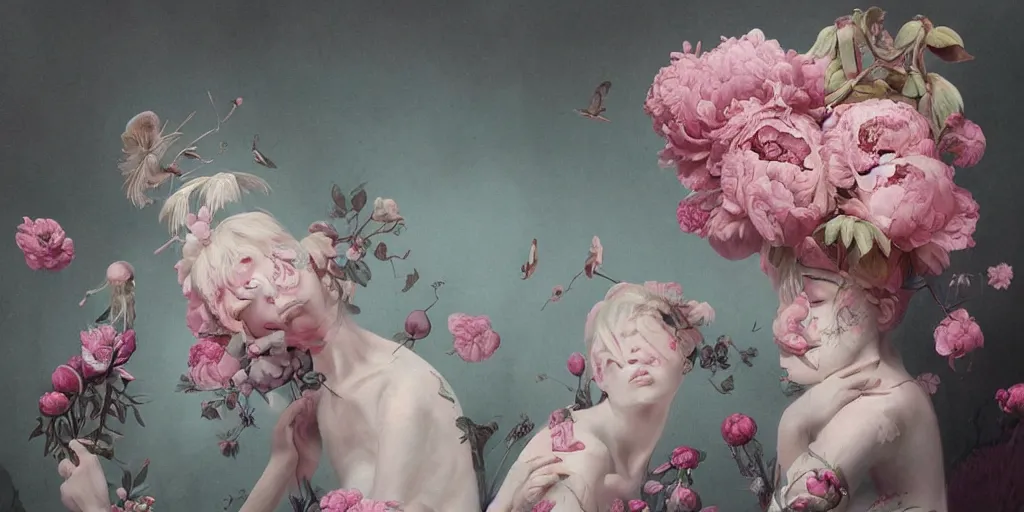 Image similar to breathtaking detailed concept art painting blend of pink short hair goddesses of peonies by hsiao - ron cheng with anxious piercing eyes, vintage illustration pattern with bizarre compositions blend of flowers and fruits and birds by beto val and john james audubon, exquisite detail, extremely moody lighting, 8 k