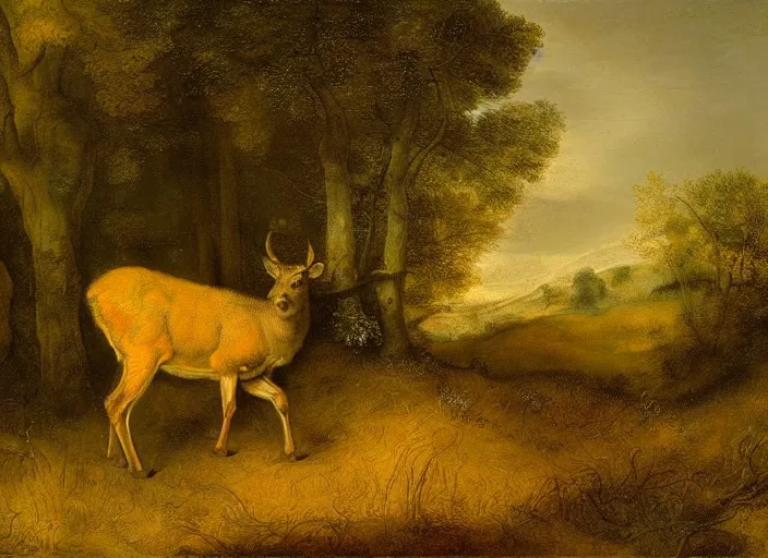 Prompt: A detailed painting in the style rembrandt of a deer standing in a wheat field surrounded by a forest