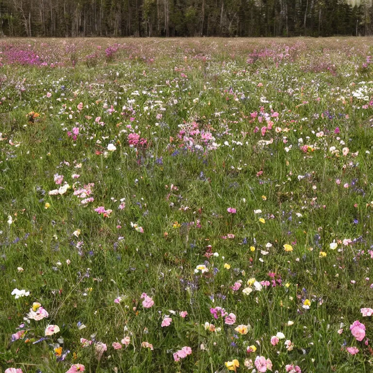 Prompt: decaying bones in a meadow of flowers