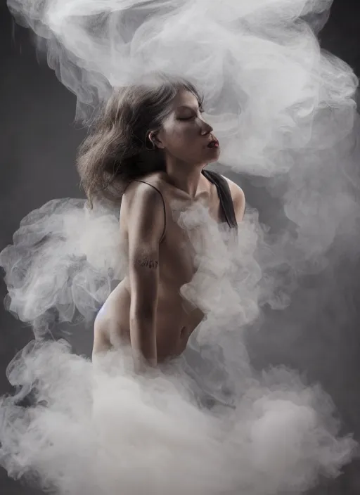 Image similar to a Photorealistic dramatic hyper realistic render of a glamorous Mexican ghost smoke by Ken Brower and Deborah Ory, Lois Greenfield, Beautiful dynamic dramatic dark moody lighting, volumetric, shadows, cinematic atmosphere, Octane render, 8K