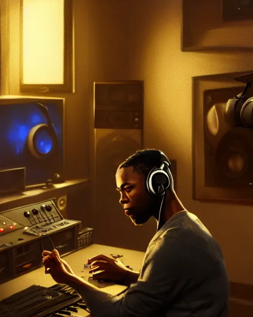 Image similar to light skin black man with headphones at his home studio producing music late at night, very detailed, 4 k, concept art like ernest khalimov, intricate details, highly detailed by greg rutkowski, ilya kuvshinov, gaston bussiere, craig mullins, simon bisley