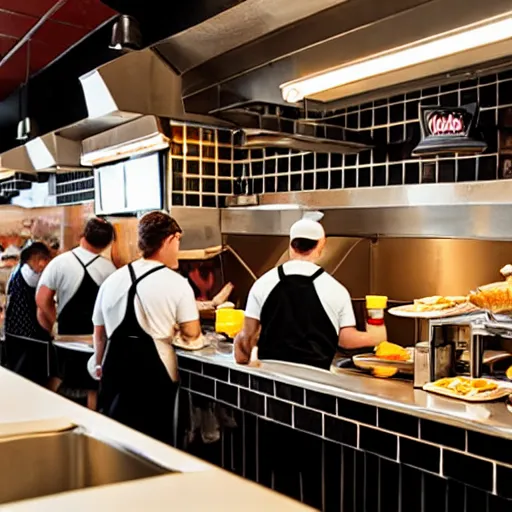 Image similar to busy wafflehouse interior with customers eating breakfast and wafflehouse employees serving food and cooking behind countertop bar