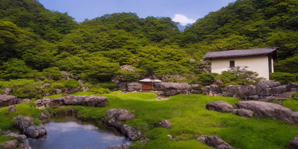 Image similar to a serene landscape with a singular building near a river with rocks at sunshine, ghibli studio