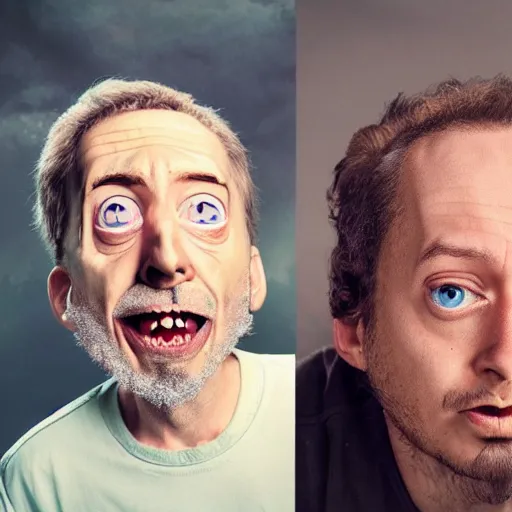 Image similar to real humans that look like rick and morty, photography, realistic