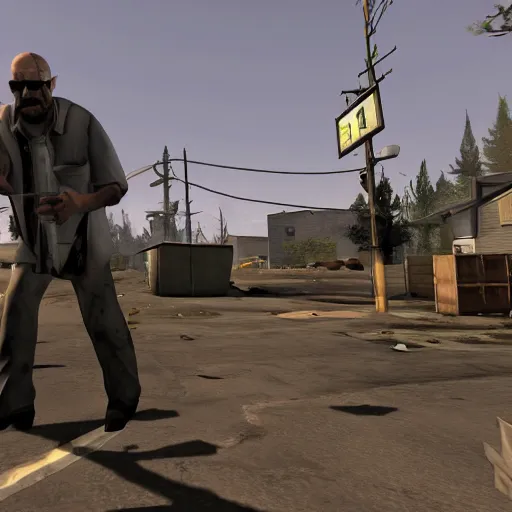 prompthunt: Mike Ehrmantraut in Los Santos, screenshot from the PS2 version  of GTA San Andreas, orange sky, screenshot from 2004, low quality graphics