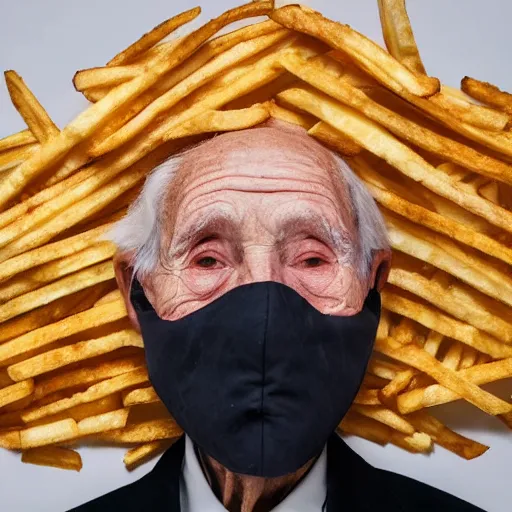 Image similar to an elderly man wearing a mask made from french fries, bold natural colors, national geographic photography, masterpiece, 8 k, raw, unedited, symmetrical balance