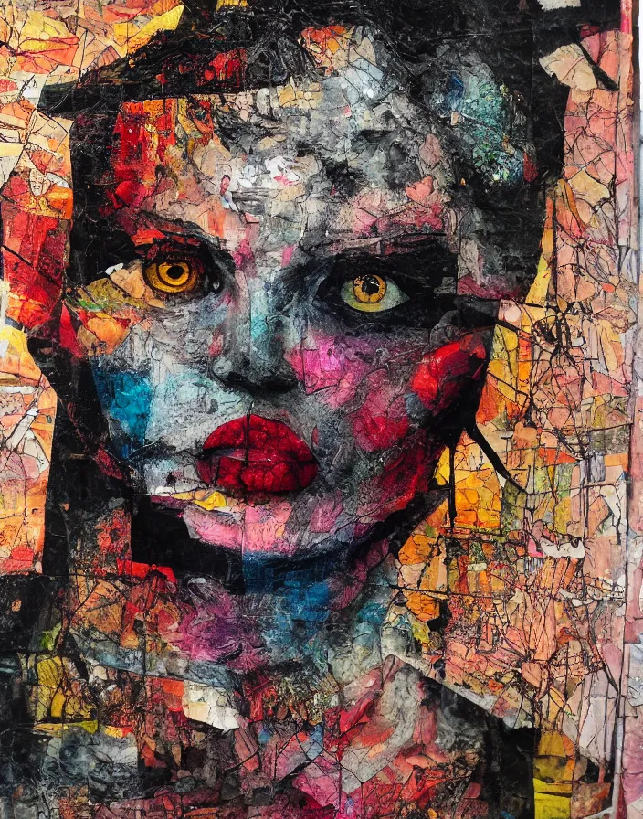 Prompt: double coloured madness in burning eyes detailed analogue mixed media collage with canvas texture in style of contemporary art, punk art, hyperrealistic beautiful face, photorealistic, expressionism, masterpiece, perfect composition, spectacular quality torn paper, intricate oil details