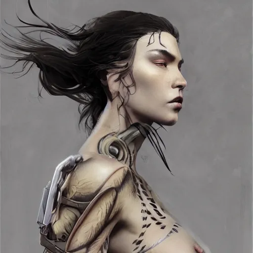 Image similar to tattoo design, a professional painting of a beautiful young female, partially clothed in battle armor, olive skin, long dark hair, beautiful bone structure, symmetrical facial features, intricate, elegant, digital painting, concept art, smooth, sharp focus, illustration, from Metal Gear, by Ruan Jia and Mandy Jurgens and Greg Rutkowski and Artgerm and William-Adolphe Bouguerea and artgerm, cat girl, anime